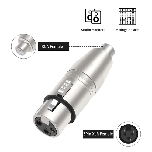 Vista 5 de Paquete de 3 adaptadores RCA hembra a XLR de 3 pines, convertidor de género cambiador de audio, adaptador XLR a RCA para amplificador mezclador