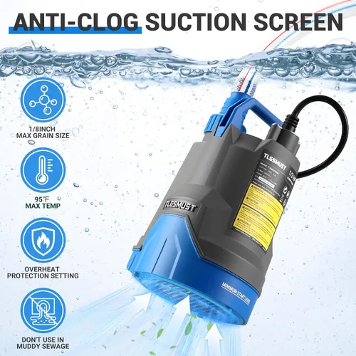 Vista 3 de Bomba de agua sumergible, 1/3 HP 2450GPH Bomba de agua termoplástica eléctrica portátil de transferencia para piscina, sótano, inundación, jardín