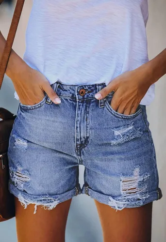 Vista 3 de HUUSA Pantalones cortos de mezclilla rasgados para mujer, cintura alta, desgastados, casuales, dobladillo enrollado, pantalones cortos con bolsillos