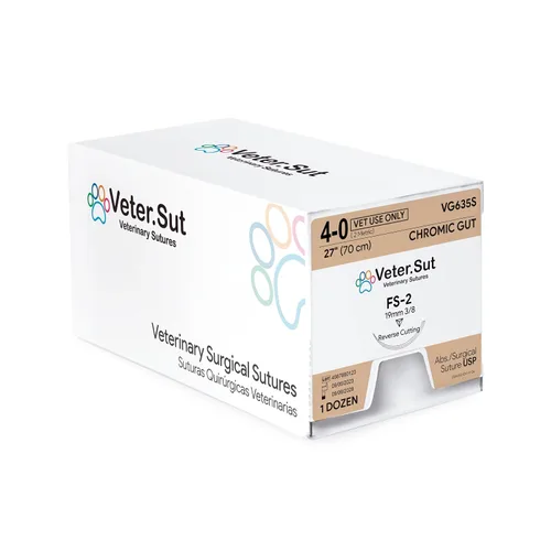 Vista 3 de Sutura quirúrgica absorbente intestinal VeterSut CHROMIC USP tamaño 4-0, (FS-2) 3/8 0.748 in aguja de corte inverso, 28 pulgadas (27.6 in), 12