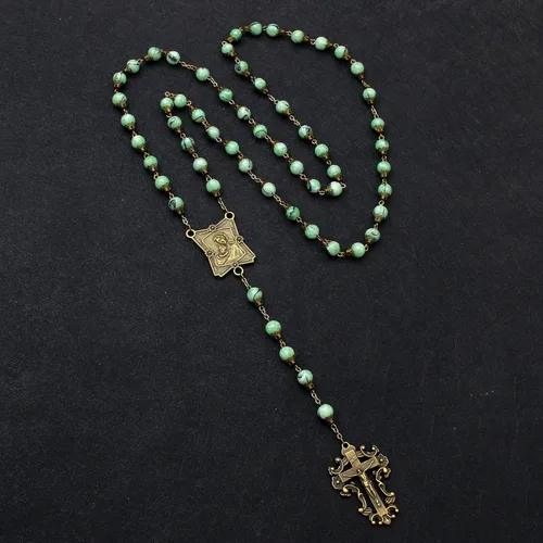 Vista 93 de KOMI Rosario de cuentas católicas para mujer, collar de cuentas de rosario con cruz de crucifijo, perlas de cristal, rosario, rosarios, católicos