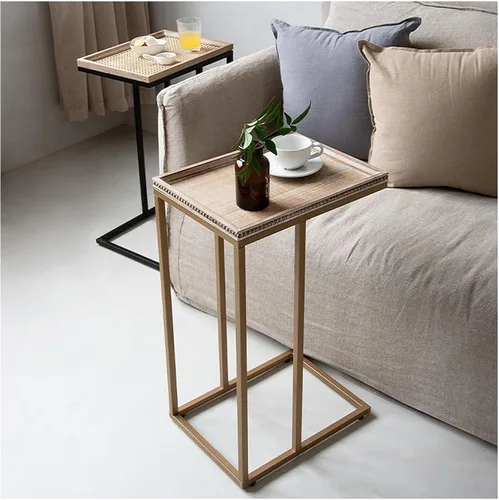 Vista 8 de COZAYH Mesa auxiliar de sofá en forma de C de granja con bandeja tejida de madera rústica y metal y marco de metal, mesa auxiliar para sala de Negro