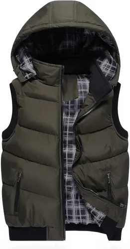 Vista 17 de WENKOMG1 Chaleco con capucha con doble cremallera para hombre, abrigo de color sólido, abrigo cálido y grueso, sin mangas, chaqueta suelta