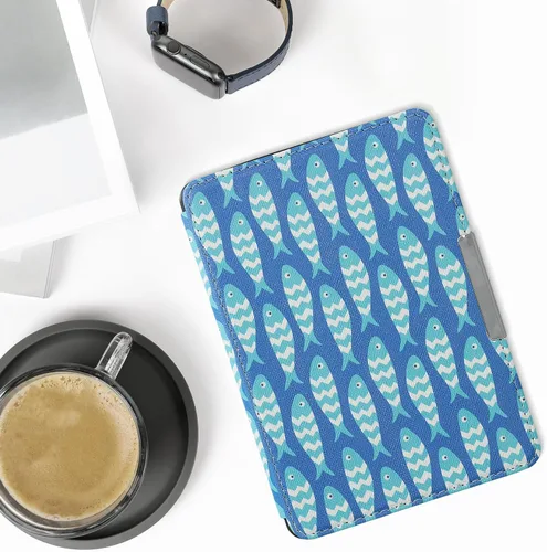 Vista 2 de kwmobile Funda compatible con Amazon Kindle PaperWhite - Funda para lector electrónico - Azul pez pequeño/azul claro/blanco