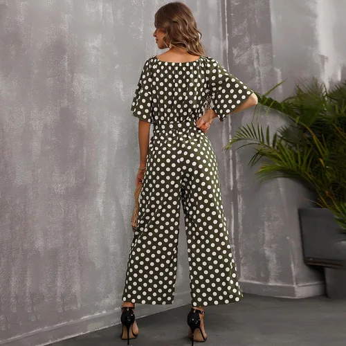 Vista 5 de Love Welove Fashion - Overol para mujer, diseño floral, hombros descubiertos, con volantes, manga corta, cintura alta, pantalones de pierna ancha