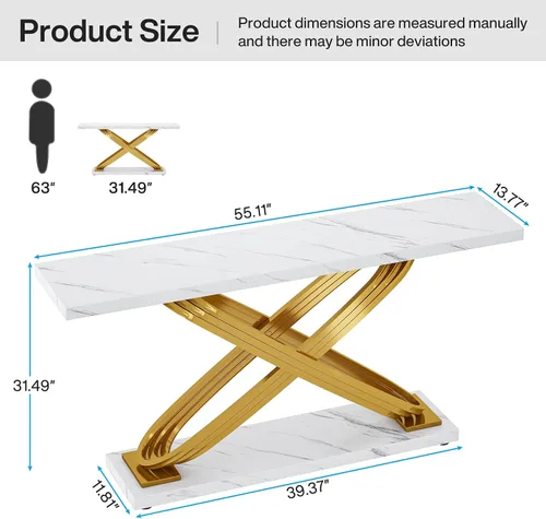 Vista 2 de Tribesigns Mesa consola dorada de 55 pulgadas, moderna mesa de entrada de mármol sintético con base geométrica de metal, mesa de sofá larga