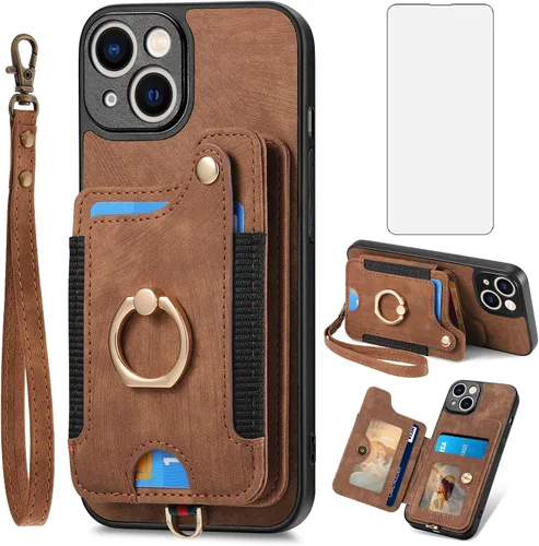 Vista 10 de Asuwish Funda de teléfono para iPhone 15 de 6.1 pulgadas con protector de pantalla de vidrio templado y correa para la muñeca, soporte para tarjeta