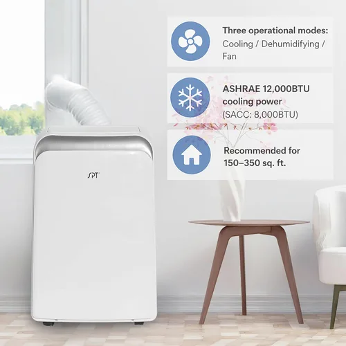 Vista 2 de SPT WA-S8001E Aire acondicionado portátil de 12,000 BTU - Enfriamiento (SACC: 8,000BTU), con enfriamiento, deshumidificador, ventilador, blanco