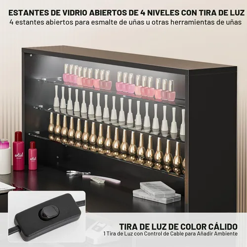 Vista 5 de Mesa de manicura en forma de L con estantes, estación de mesa de uñas con parte superior de cristal, resistente a acetona, con cajones de Negro