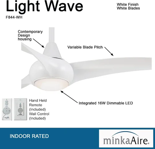 Vista 2 de Minka-Aire Ventilador de techo F844-WH Light Wave de 52 pulgadas, blanco con control remoto y control de pared adicional