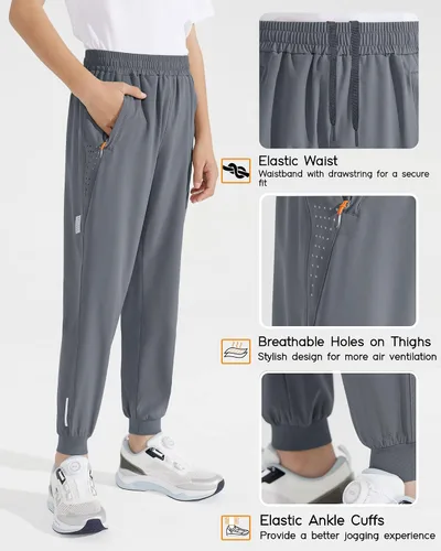 Vista 3 de Pantalones deportivos ligeros para niños y jóvenes, de secado rápido, pantalones deportivos con bolsillos con cremallera