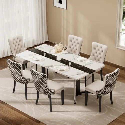 Vista 41 de Juego de mesa de comedor de 5 piezas con 4 sillas, mesa de comedor rectangular de madera de 71 pulgadas con sillas de comedor de terciopelo, tablero