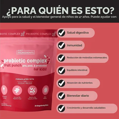 Vista 3 de Mezcla de Bebida Compleja Probiótica para Niños – Sabor Ponche de Frutas – 30 Sobres de Porción Individual Mezcla de Prebióticos, Probióticos