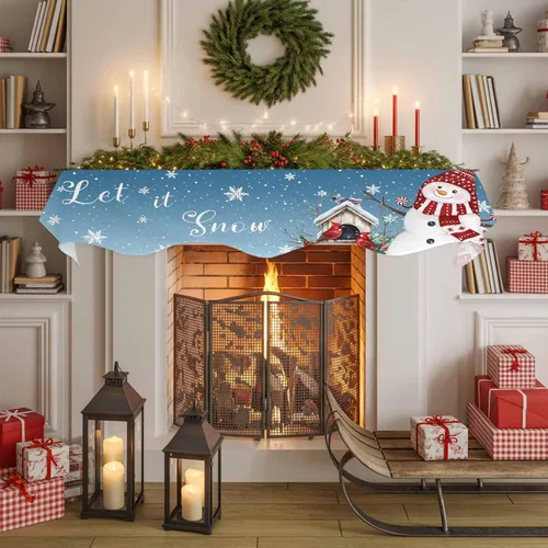 Vista 6 de Bufanda de chimenea de Navidad con diseño de muñeco de nieve de Navidad, copos de nieve, pájaros, chimenea, estante superior, bufanda, camino