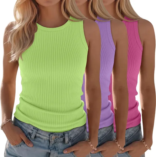 Vista 10 de Paquete de 3 camisetas sin mangas de algodón para mujer, de punto acanalado, casuales, básicas, de cuello redondo, ajustadas, de verano, con espalda