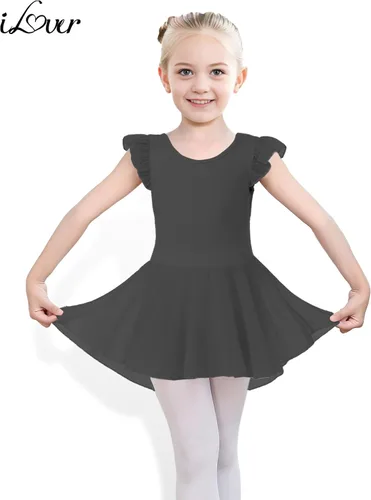 Vista 2 de iLover Vestido de leotardo clásico con tutú y mangas con volantes para niñas, para danza, gimnasia y ballet Negro