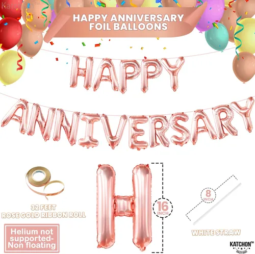 Vista 4 de KatchOn Letras de globos de feliz aniversario de oro rosa, 16 pulgadas, pancarta de aniversario para decoraciones, telón de fondo, pancarta de globos