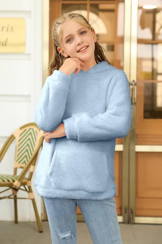 Vista 4 de Haloumoning Sudadera con capucha de forro polar mullido para niñas de 4 a 15 años
