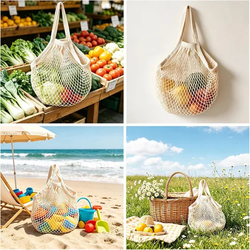 Vista 6 de Ahyuan Bolsas de comestibles cordón de algodón reutilizable, bolsas de malla 1 paquete, Crema