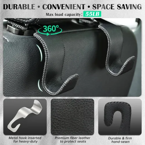 Vista 3 de Amooca - Gancho para reposacabezas de asiento de coche, organizador de almacenamiento universal para bolso de mano, abrigo, cuero con metal