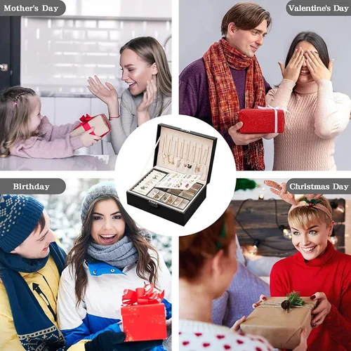 Vista 7 de Organizador de joyas para mujer organizador grande de joyas de viaje de 2 capas de piel sintética con forro suave para mujeres y niñas anillos