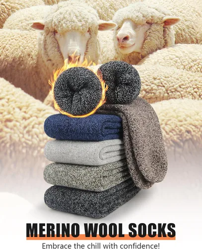 Vista 2 de UUMIAER Calcetines de lana merino para hombre, 5 pares de calcetines térmicos de lana para senderismo, calcetines gruesos de invierno