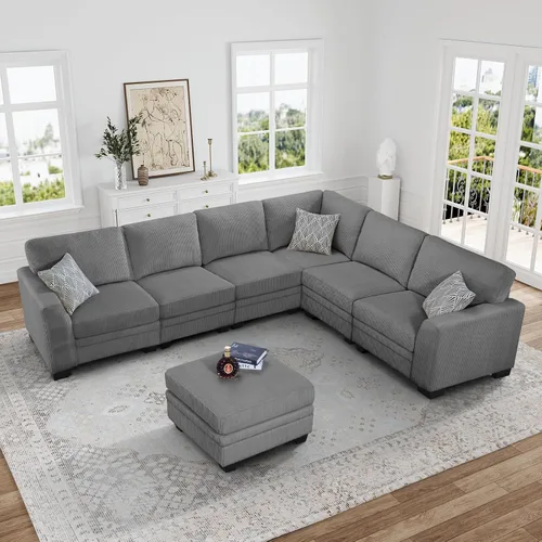 Vista 32 de Legend Vansen - Sofá modular de gran tamaño, sofá de pana en forma de U/L con otomana, asiento profundo y cojín extraíble, fácil montaje para sala