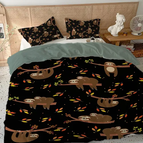 Vista 2 de Juego de funda de edredón de 3 piezas con diseño de perezosos de hojas de otoño (tamaño individual) con 2 fundas de almohada, juego de funda