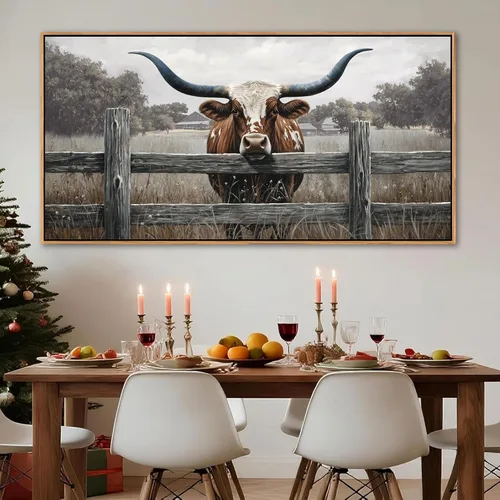 Vista 13 de AJAZIKO Arte de Pared de Vaca de las Tierras Altas - Decoración de Pared de Granja y Campo Rústico, Cuadros Grandes en Lienzo para Sala de Estar
