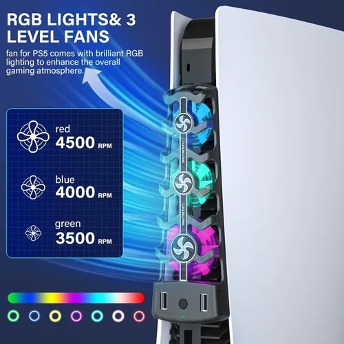 Vista 3 de Ventilador de refrigeración para PS5, ventilador enfriador con ventilador silencioso de 3 velocidades, luz RGB para ventilador de refrigeración PS5