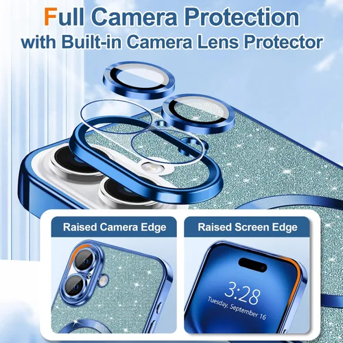 Vista 3 de Hython para iPhone 16 Funda con chispas brillantes, fundas transparentes magnéticas con protector de lente de cámara [Compatible con MagSafe]