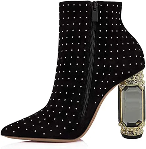 Vista 138 de FSJ Botas de tacón alto con punta puntiaguda para mujer, con tacón alto, con cremallera lateral brillante, estilo casual, para uso diario, zapatos