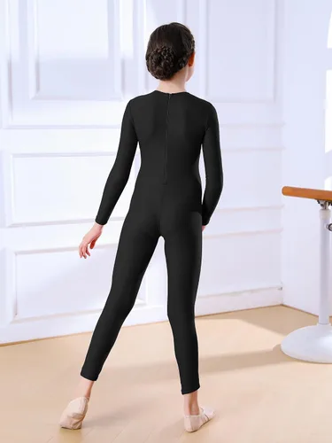 Vista 5 de Unitardo de cuerpo entero con manga larga para niñas, de una pieza, para gimnasia y baile, de licra, para niños Negro