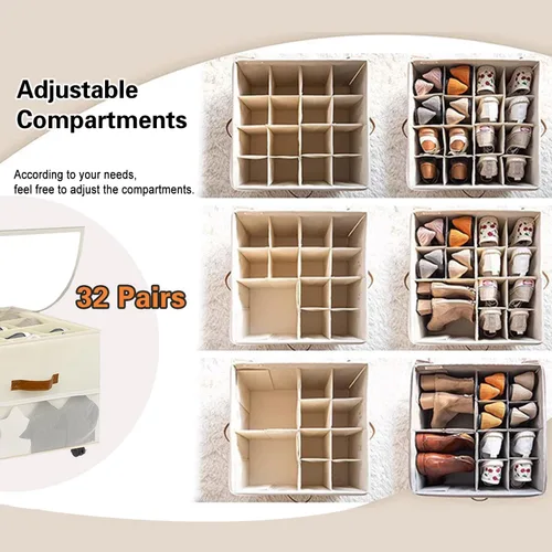 Vista 5 de Organizador de zapatos para armario con ruedas, caja organizadora plegable de almacenamiento de zapatos, divisores ajustables, paquete de 2, caja