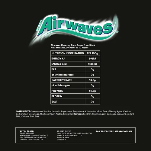 Vista 2 de Wrigley Airwaves - Goma de mascar sin azúcar, mentol, menta negra, 10 bolitas (paquete de 30)