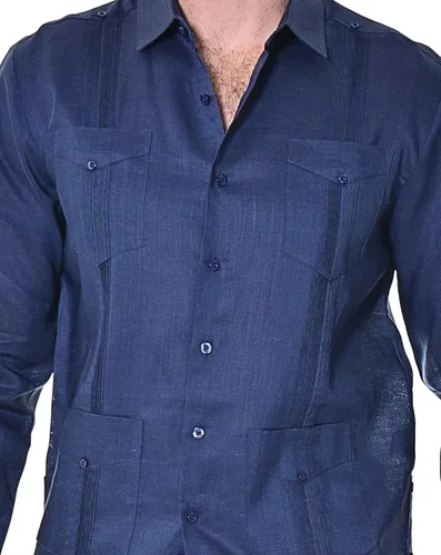 Vista 3 de bohio Guayabera, 100% lino, tradicional cubano (4), manga larga con bolsillo