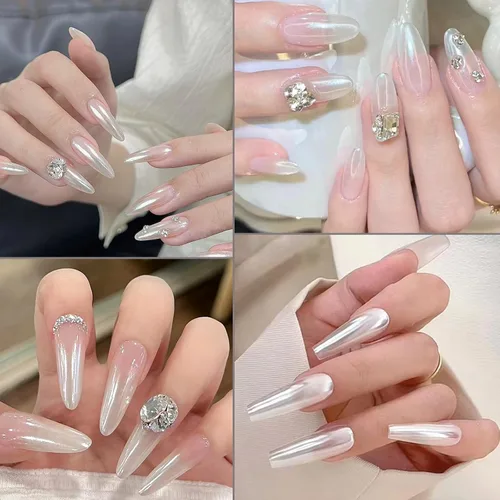 Vista 4 de Polvo de uñas cromado con efecto espejo, perla blanca, iridiscente, aurora, mágica, nacarada, joyería de uñas, polvo holográfico, pigmento