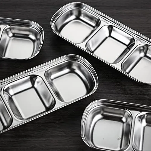 Vista 4 de 3 cuencos de acero inoxidable para salsa de soja, 3 rejillas divididas, platos de acompañamiento para salsa de soja, salsa de tomate, condimentos