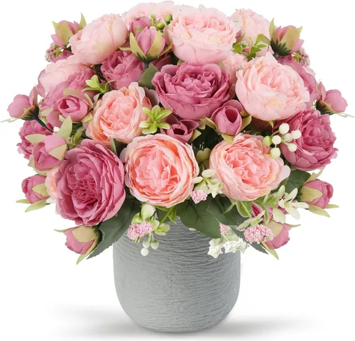 Vista 12 de Flores artificiales de seda, ramo de peonías sintéticas beige, 4 paquetes de arreglos florales para decoración de casa de campo, centro de mesa