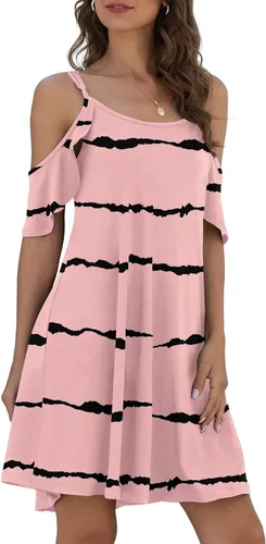 Vista 3 de Jouica Vestido de verano casual con tirantes delgados para mujer, hombros descubiertos, mangas con volantes y bolsillo