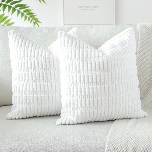Vista 27 de OTOSTAR - Paquete de 2 fundas de almohada decorativas de pana suave de 18 x 18 pulgadas, funda de cojín a rayas estilo bohemio para sofá, cama, sala