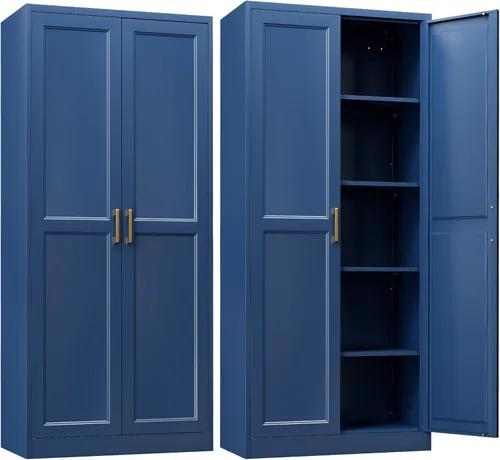 Vista 21 de SteeLoong - Armario de despensa de cocina, armario de almacenamiento de metal negro de 71" con puertas y 4 estantes ajustables, gabinete de cocina