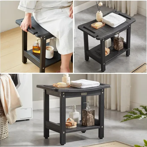 Vista 6 de Banco de ducha para afeitarse las piernas, taburete de ducha impermeable para ducha interior con asas y soporte para cabezal de ducha, silla de Negro