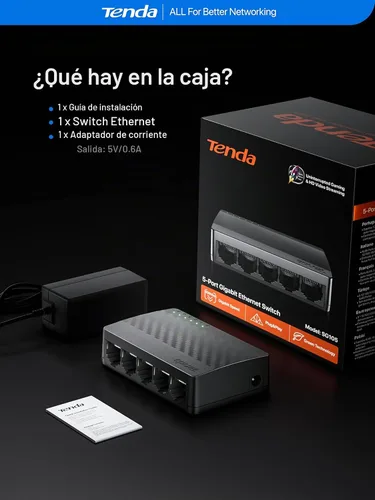 Vista 8 de Tenda Conmutador Gigabit Ethernet de 5 puertos, divisor Ethernet de escritorio, concentrador de conmutador de red no administrado, Plug & Play
