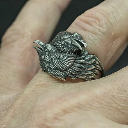 Vista 6 de BAVAHA new store - Anillo de acero inoxidable 316L para hombre, dos cuervos entrelazados, mitología nórdica, color plateado, anillos de acero