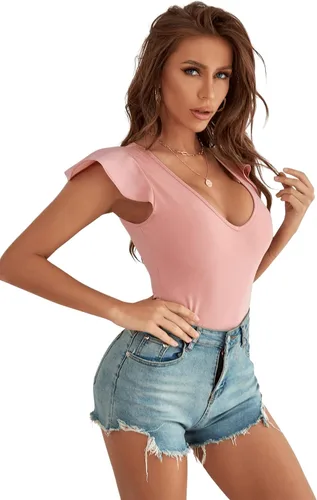 Vista 3 de SweatyRocks Enterizo ajustado sólido con cuello en V profundo y manga casquillo con volantes para mujer