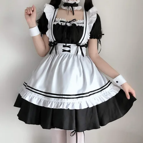 Vista 3 de Raindewll traje de criada francesa anime Cosplay traje de criada para mujer delantal vestido con diadema