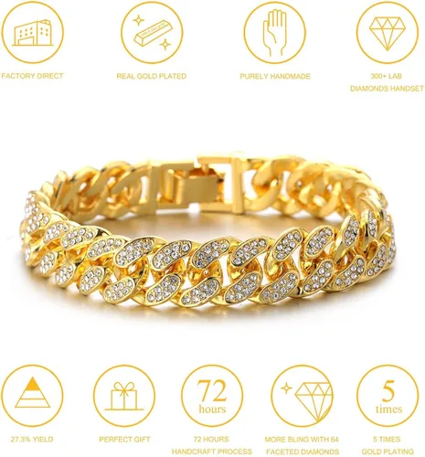 Vista 4 de Halukakah Cadena de eslabones cubanos para hombres helados, cadena de oro para hombre de 0.591in, pulseras Miami de 7 pulgadas (7.1in) en chapado