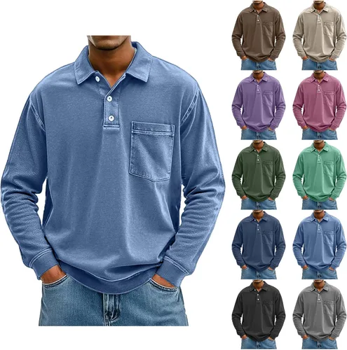 Vista 4 de Men's Vintage Distressed Polo Shirt Business Golf Gym Long Sleeve Lapel Collar Button Up Tops with Pocket