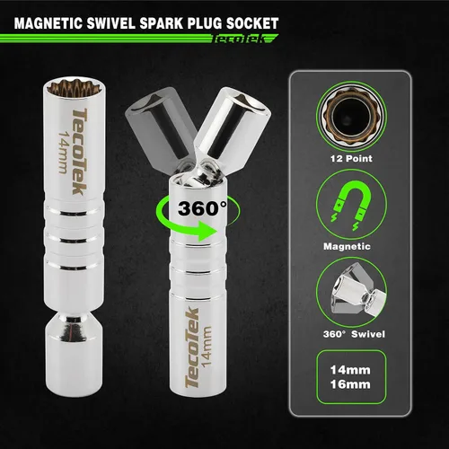 Vista 3 de TecoTek juego de 11 piezas de enchufes de bujía de 3/8" con llave de torque de clic, separador de bujías, junta universal, barra de extensión
